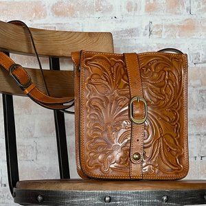 Patricia Nash Chestnut Brown Tooled Leather Cross Body Bag